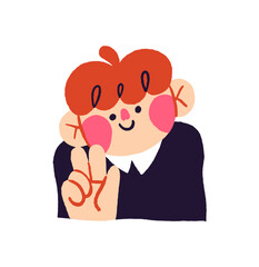 Happy child gestures with hand. Cute kid shows with V sign. Red hair little boy with symbol of peace and victory. Schoolboy with joyful face. Flat isolated vector illustration on white background