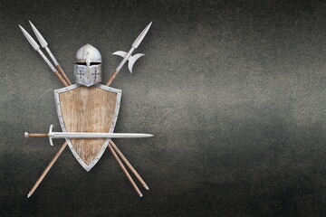 knight's sword helmet shield two spears and halberd on grunge background