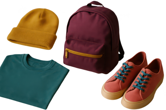 Colorful casual clothing items displayed against a dark background.