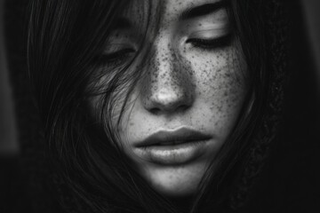 Fototapeta premium Black and white close-up portrait of young woman with freckles and closed eyes, contemplative expression.