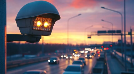 CCTV camera on highway toll booth, cars passing below, sunset lighting