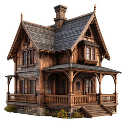 a close up of a wooden house with a porch and a porch