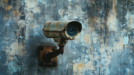Old-style security camera on warehouse wall, weathered surface, rusty bolts, vintage feel