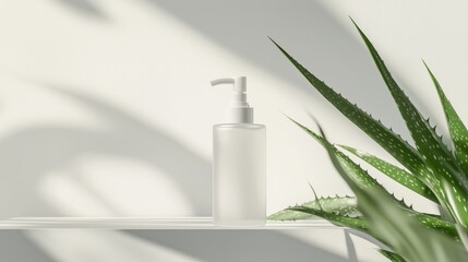 A minimalistic and elegant skincare product shot featuring a frosted glass bottle with a pump dispenser. mockup