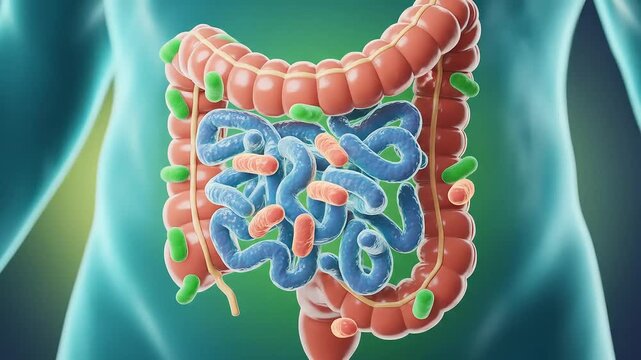 Human gut microbiome illustration shows healthy bacteria and the digestive system anatomy