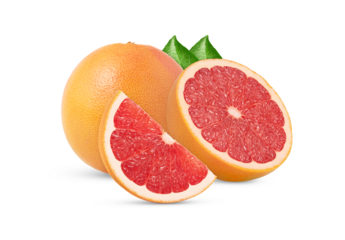 Ripe grapefruit and cut in a half isolated with standing grapefruit slice. Grapefruit with leaf cut out.