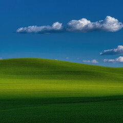 Fototapeta premium Undulating green field under a vibrant blue sky, dotted with fluffy white clouds, showcasing the smooth curves of the landscape