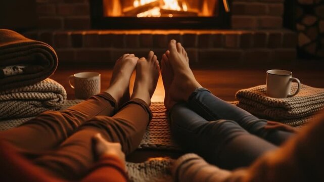 Side-by-side bare feet near cozy fireplace resting peacefully on soft rug