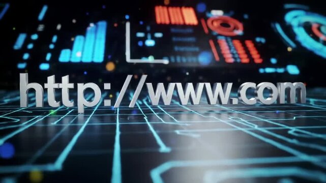Website url http on a futuristic animated background with graphs and data visualization