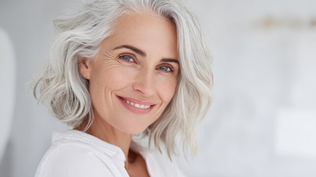 Beautiful mature woman with silver hair smiling warmly indoors in natural light.
