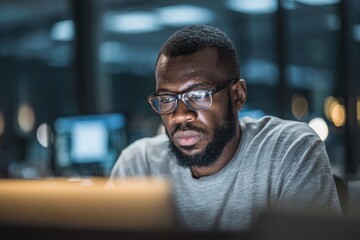 Obraz premium Focused young man wearing glasses working on laptop in modern office environment at night.