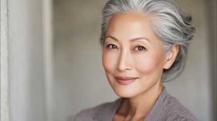 Close up portrait of a confident graceful elderly Asian woman with silver hair smiling.