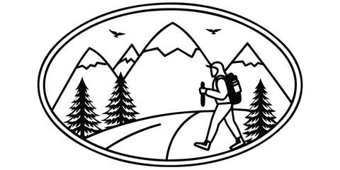 Lone hiker walks on a mountain path surrounded by pine trees and peaks