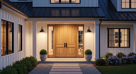 Exterior home design with wood doors and black trim windows in a modern farmhouse style at twilight hour