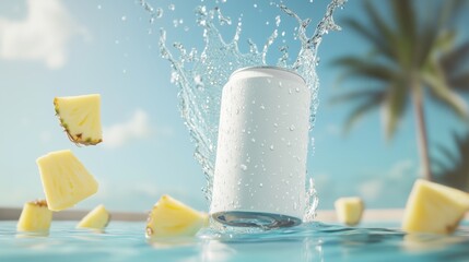 blank white soda can splashing into clear tropical pool water, surrounded by floating pineapple chunks