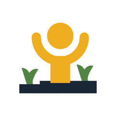 A stylized golden figure stands triumphantly with raised arms amidst green sprouts on a dark blue base against a white background, conveying optimism.
