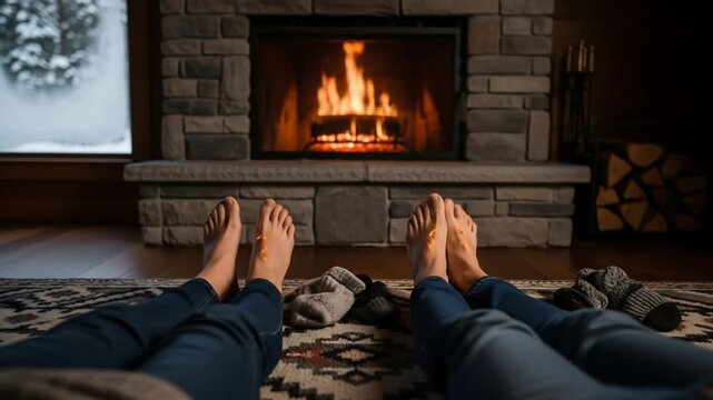 Feet resting parallel on soft wool rug facing fireplace in rustic setting