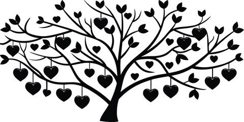 Silhouette of a stylized tree with heart shaped ornaments hanging from its branches