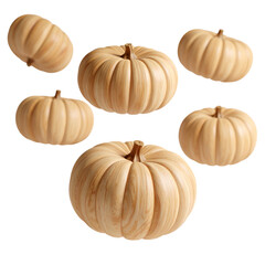 a close up of a group of wooden pumpkins on a black background