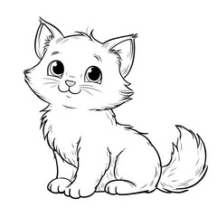 Fototapeta premium Cute Lineart Fluffy Kitten Sitting Calmly Detailed Illustration Cartoon. Ai Generated Images