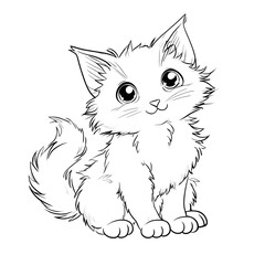 Obraz premium Line Art Handdrawn Cute Kitten Sitting with Big Eyes Illustration. Ai Generated Images
