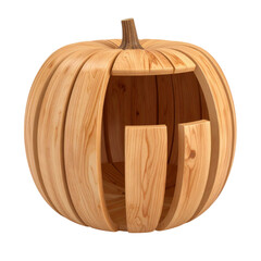 a close up of a wooden pumpkin with a cut out of it