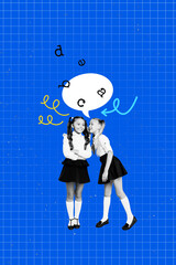 Vertical 3d poster art pop collage of two happy schoolgirls classmates stand together speak bubble letters communication