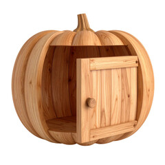 there is a wooden pumpkin shaped box with a door in it