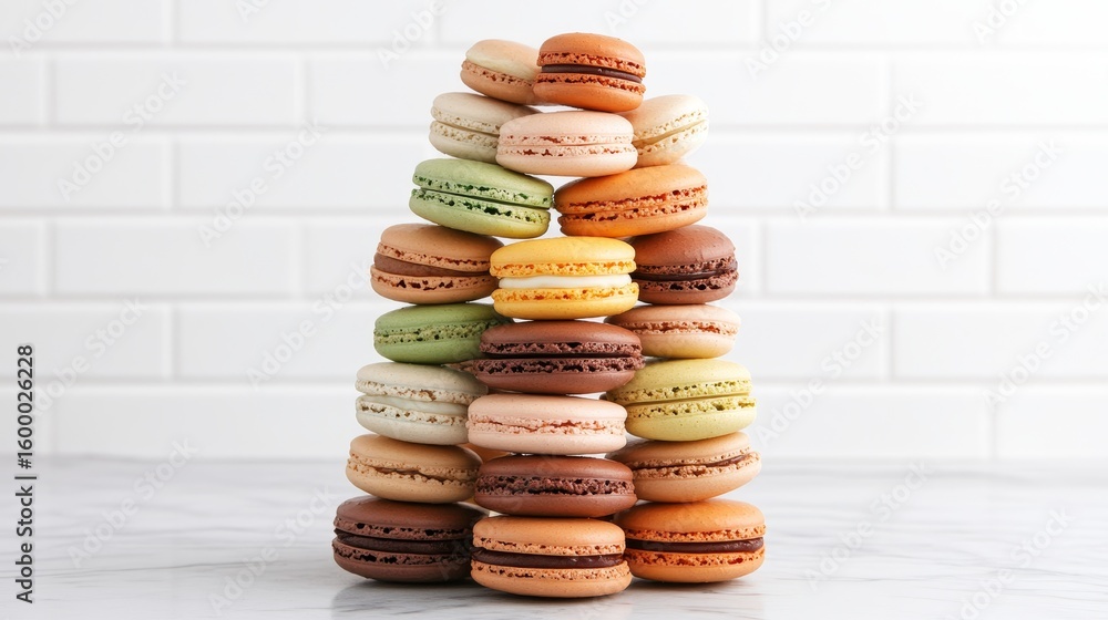 Poster vibrant array of colorful macarons artfully stacked in a towering pyramid for dessert lovers