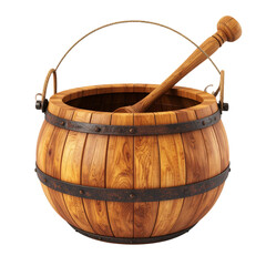 there is a wooden bucket with a wooden handle and a wooden stick