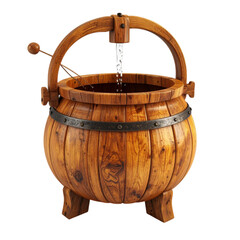 there is a wooden barrel with a metal handle and a water spout