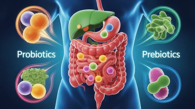 Gut health illustration shows probiotics and prebiotics for digestive wellness