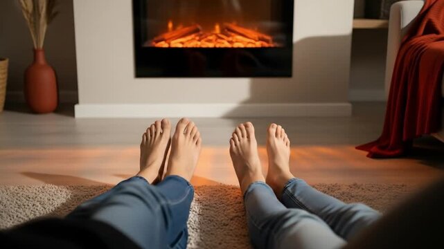 Two pairs of bare feet side by side on modern rug in cozy fireplace room