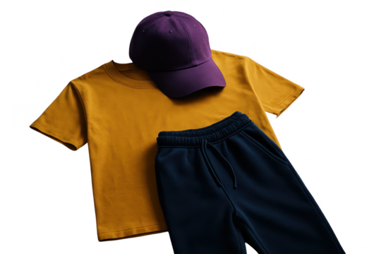 Mustard yellow t-shirt, dark purple baseball cap, and navy blue sweatpants laid out on a black background. - Powered by Adobe