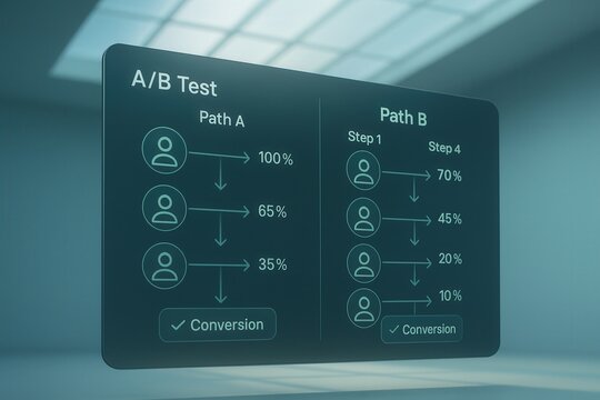 Digital A/B test analysis comparing two paths with conversion rates shown on a dark interface