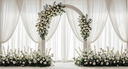 A stunning white wedding arch adorned with fresh flowers and greenery, set against elegant curtains for a romantic ceremony.