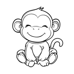Fototapeta premium Cartoon Handdrawn Smiling Cute Monkey Animal Character Line Art Illustration. Ai Generated Images