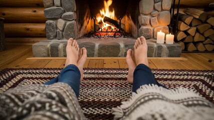 Two pairs of bare feet resting side by side on braided rug by stone fireplace - Powered by Adobe
