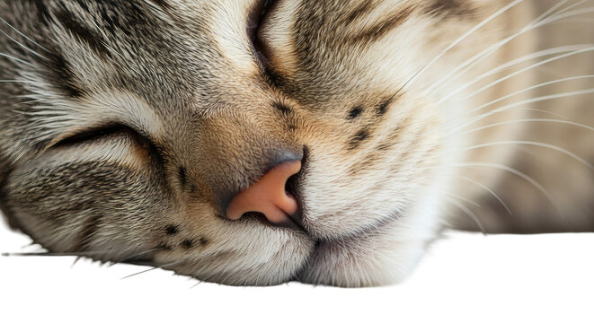Close-up of a sleeping cat's face.