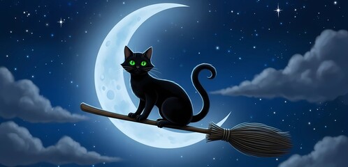 Black cat riding broomstick in front of the moon Halloween night sky