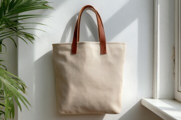 Natural canvas tote bag with leather handles by a window