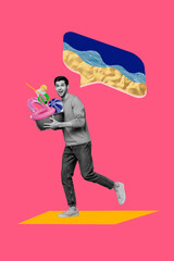 Exclusive artwork poster collage of happy man run beach water summer relax carry lifebuoy cocktail...