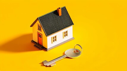 Miniature house model with a large key placed beside it on a vibrant yellow background, symbolizing home ownership and real estate opportunities for potential buyers - Powered by Adobe