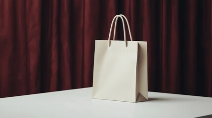 minimal beige shopping bag with upright standing handles, placed on a clean white surface, elegant product packaging mockup