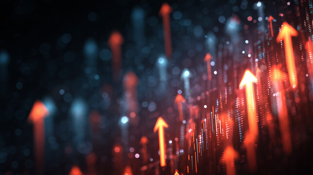 A glowing arrow pointing upwards with arrows in the background representing growth and progress, set against an abstract dark blue gradient backdrop Generative AI