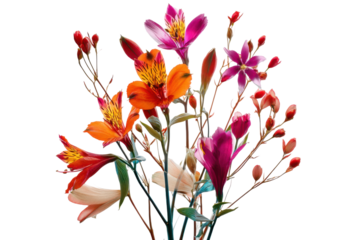 Vibrant flower bouquet studio photography close-up. Isolated on transparent background, png.