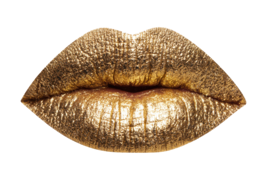 Glamorous gold lips makeup studio beauty photography close-up art. Isolated on transparent background, png.