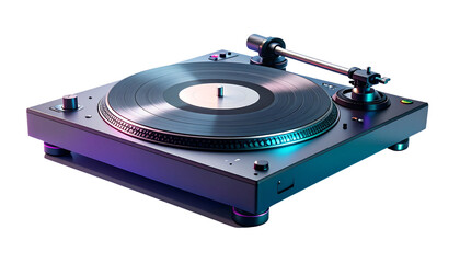 A sleek DJ turntable glows with retro vibes spinning music in a neon lit atmosphere isolated on solid white background Png format
