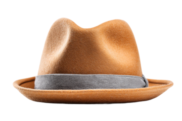 Stylish brown fedora hat fashion accessory indoor close-up trend. Isolated on transparent background, png.