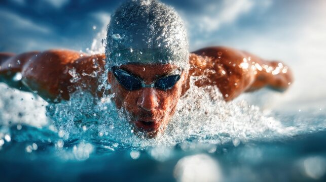 Close Up of Swimmer Wearing Cap and Goggles Swimming Front Crawl in Pool.